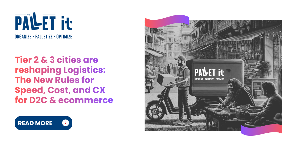 Illustration of a bustling street with a delivery scooter showing PalletIt logo and people at outdoor tables, promoting D2C & eccomerce logistics in tier 2 and 3 cities.