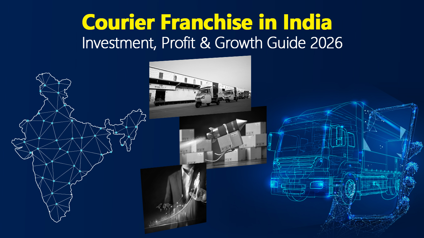 Low-investment courier franchise in India, featuring a delivery professional, parcels, and logistics imagery.